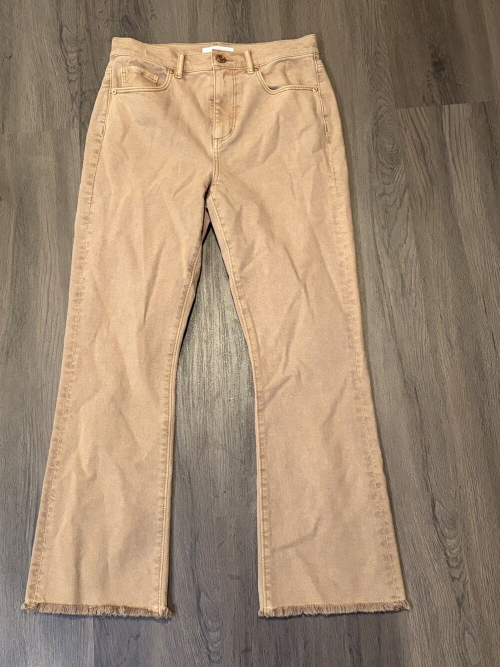 LOFT High Rise Flare Cropped Jeans Size 2 Beige Denim Fringe 5-Pocket